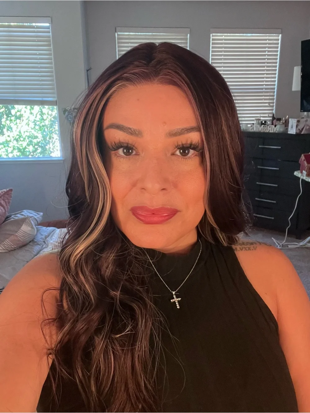 Cambria (Ruby Radiance) Wig in Dark wine with Blonde Highlights